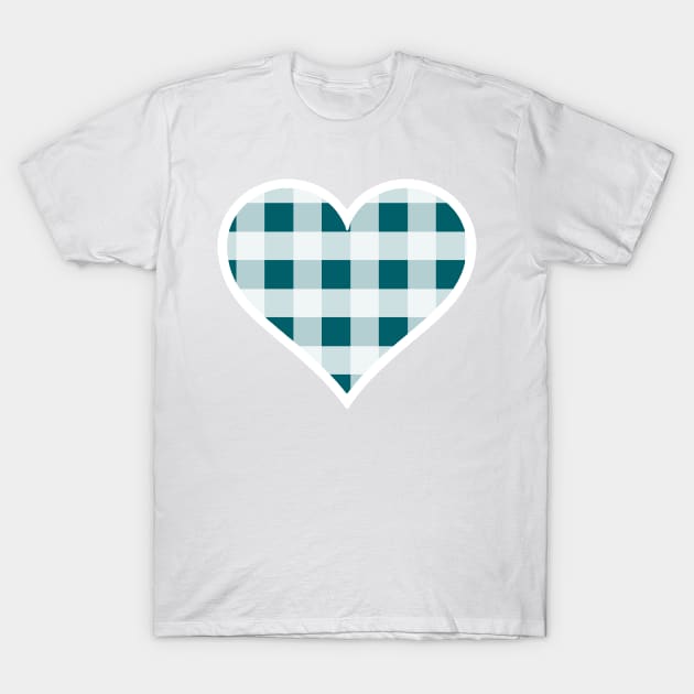 Peacock Blue and White Buffalo Plaid Heart T-Shirt by bumblefuzzies